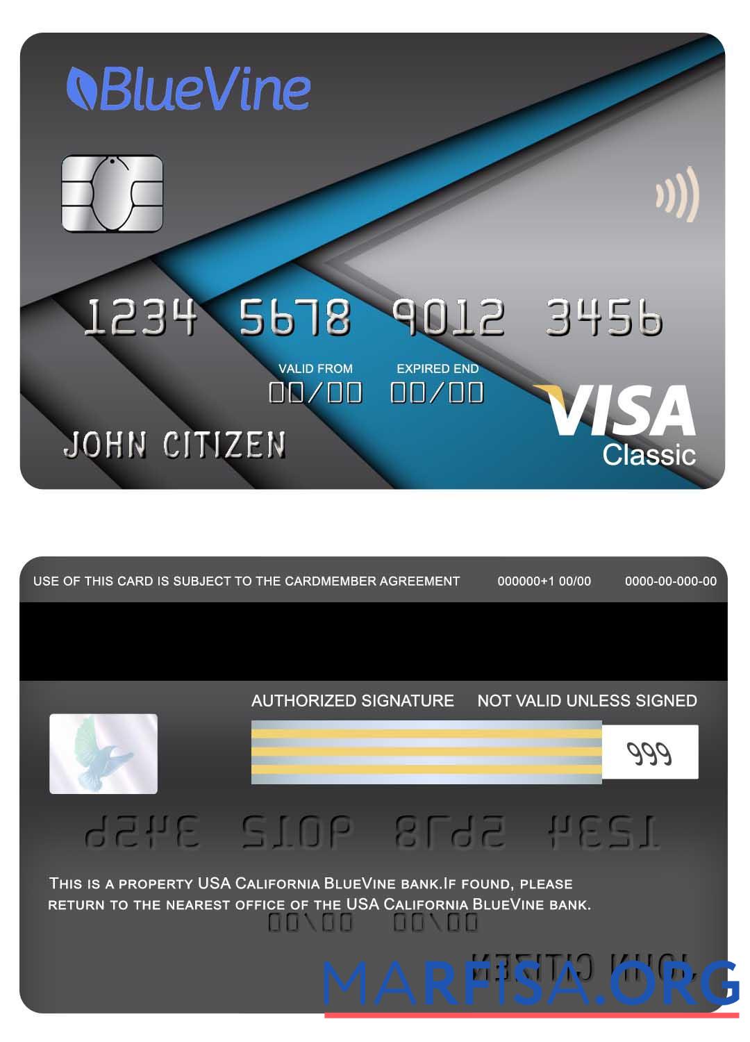 Downloadable USA California BlueVine bank visa classic card real example